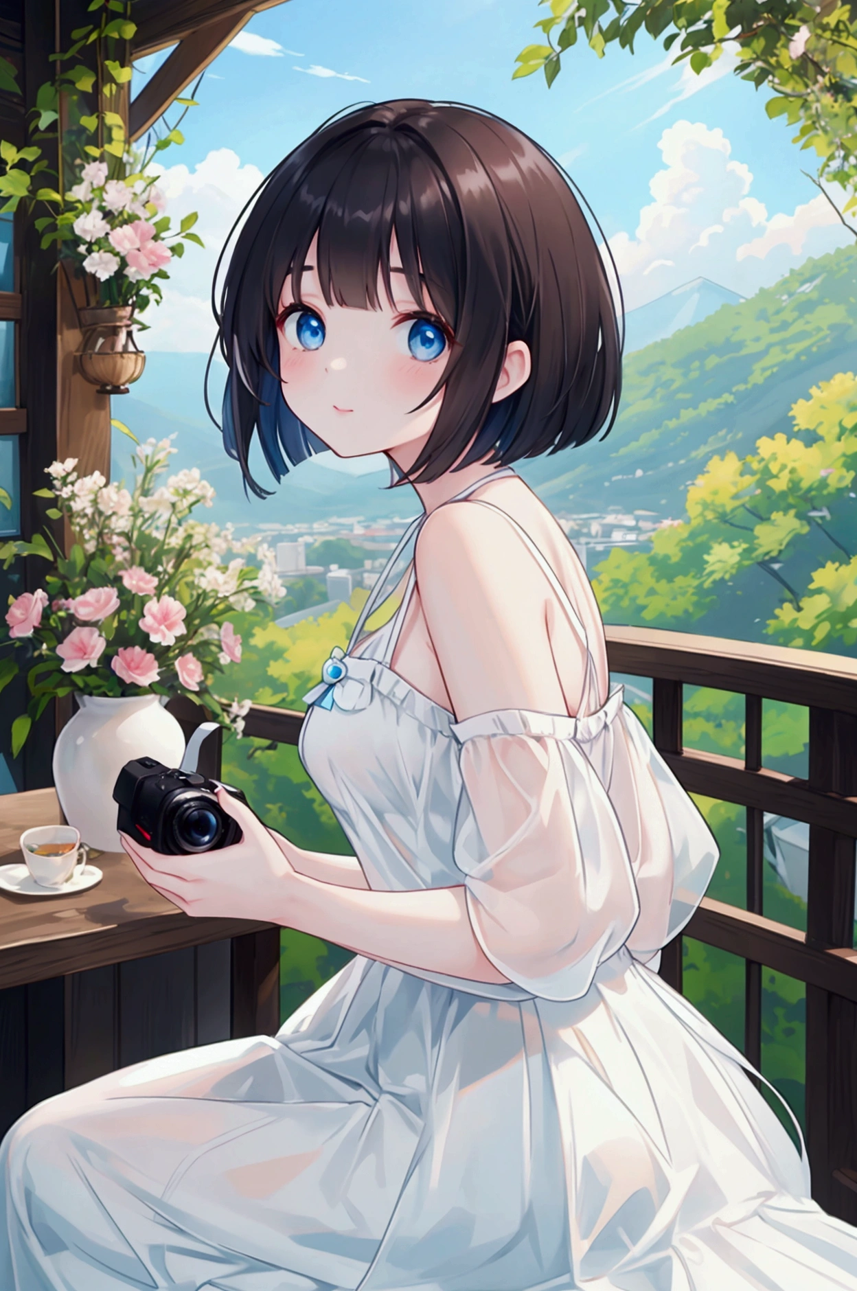 Photorealistic、Highest quality、Highest Resolution、Highest quality、８Ｋ、Beautiful woman taking a picture with a camera、Cute face、Bob cut hair、Dark Hair Color、Pale blue eyes、Beautiful breastountain climbing、Beautiful views、