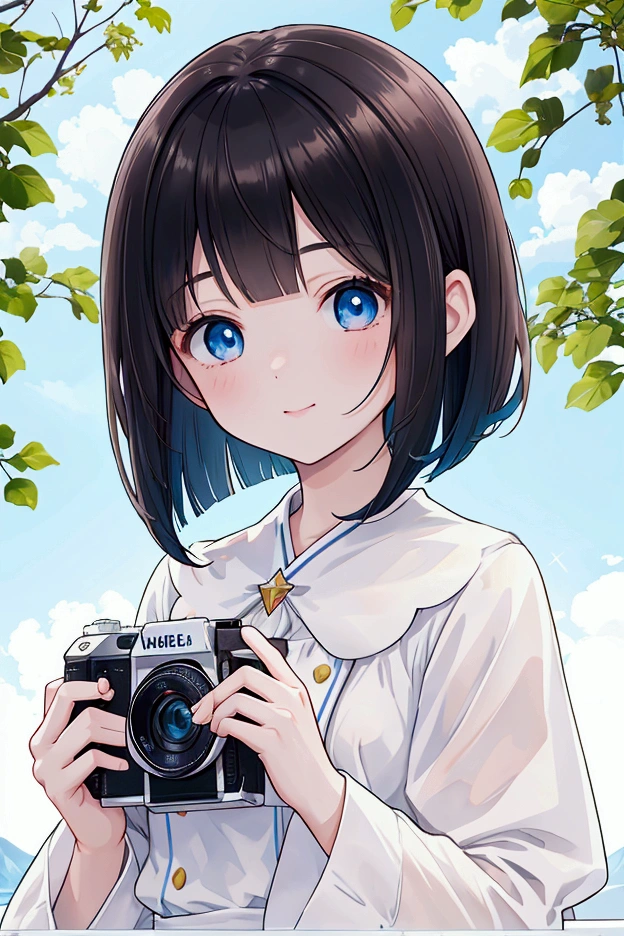 Photorealistic、Highest quality、Highest Resolution、Highest quality、８Ｋ、Beautiful woman taking a picture with a camera、Cute face、Bob cut hair、Dark Hair Color、Pale blue eyes、Beautiful breastountain climbing、Beautiful views、