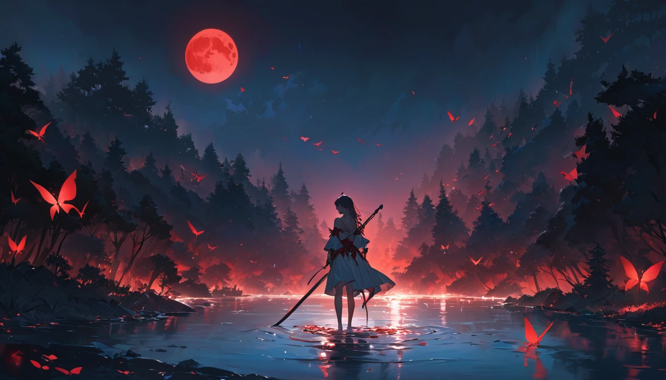 Attention to detail,Super Detail,Ultra-high resolution,A girl holding a sword is standing in the middle of a lake,A red full moon behind the girl,The moonlight on her back,The background is a red moon with a full moon in the middle,There are forests on both sides,Red butterflies fly,Fine face,Add a fantastical atmosphere