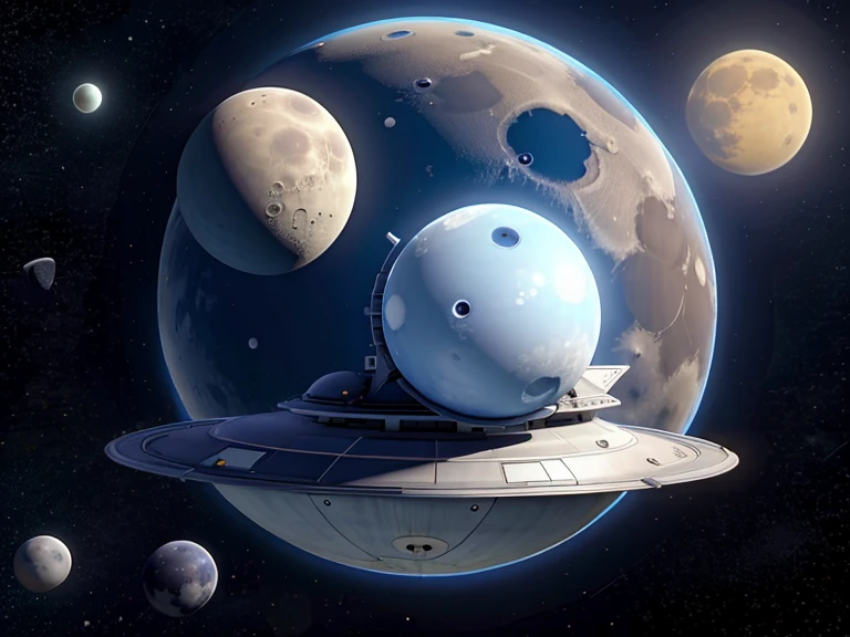 planet and the moon with a spaceship.