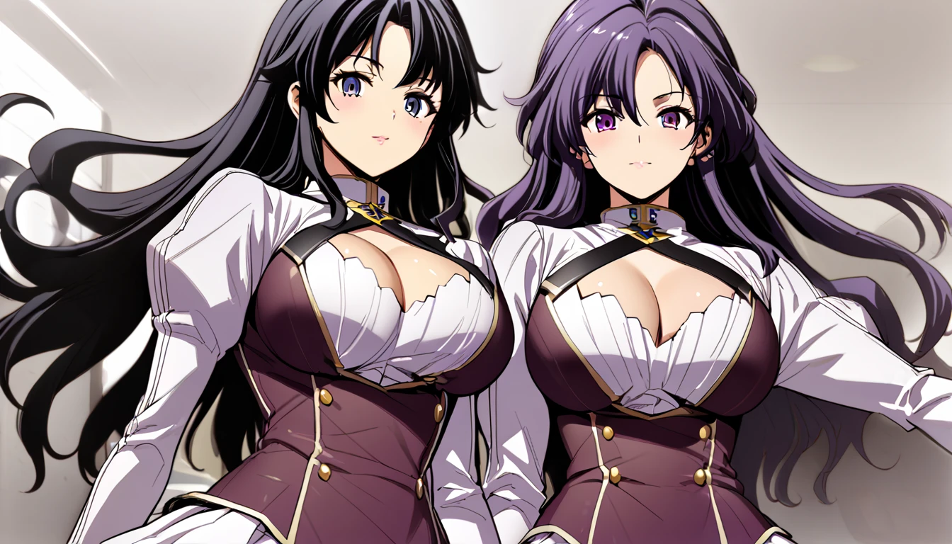 High detailed, 3 girls, matching hairstyles, matching uniforms, matching sizes, violet eyes, purple tones colored hair, wavy long hair, busty, chunky body, yellow genetics's uniform, Juliet sleeves, deep cleavage, white skirt, genetics's uniform, juliet sleeves, genetics's uniform, posing together
