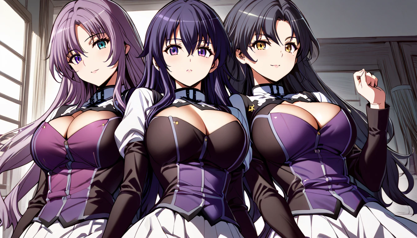 High detailed, 3 girls, matching hairstyles, matching uniforms, matching sizes,  violet eyes, purple tones colored hair, wavy long hair, busty, chunky body, yellow genetics's uniform, Juliet sleeves,  deep cleavage, white skirt, genetics's uniform, juliet sleeves, genetics's uniform, posing together