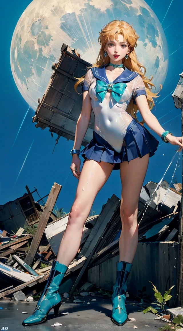 ((cinematic lighting)), (detailed skin), ((paintstrokes)),1girl, marinero Neptuno, (Uniforme Sailor Senshi:1.4), cabello verde oscuro, cabello mediano, Falda suplicante, La mejor calidad, Pendientes, Obra maestra, High resolution, Detalles intrincados, (( realista )), photographic, (Guantes blancos de codo:1.1), jewely, pecho mediano, cuerpo completo, dynamic background, Dynamic posture, tacones altos,,More detailed 8K.motor irreal:1.4,UHD,La mejor calidad:1.4, fotorrealista:1.4, textura de la piel:1.4, obra maestra:1.8,obra-prima, mejor calidad,objeto Objeto], (detailed face features:1.3),(manos Detallado),(Apocalyptic destroyed city:1.7),(white Botas por encima de la rodilla: 1.4), gargantilla, (Guante Blanco:1.4), gargantilla verde, Arboledas de codos, jewely, pendientes, falda verde, only one, cuerpo completosbian, pelos verdes,(fondo atardecer:1.4),(Sailor neptune:1.4),(cuerpo COMPLETO:1.4),4 k detail fantasy,(Realista, Fotorrealismo, Realista: 1.37),(manos detailed),(blue background water thunder lightning rain water drops falling:1.4) the sailor moon, Sailor Moon style, Beautiful,  moon princess, blond-haired princess, portrait of magical girl,  woman,20-year-old,,city,night,((white tight miniskirt bodysuit)),(Harada Makoto),open mouth smile,(((See-through))),((blonde)),long hair　((masterpiece, highest quality, Highest image quality, High resolution, photorealistic, Raw photo, 8K)), ((Extremely detailed CG unified 8k wallpaper)), A lone blue butterfly fluttering in the starry sky, Huge butterfly wings from the back, (blue glowing wings), Blue wings shining in the dark night, summer dress fluttering,