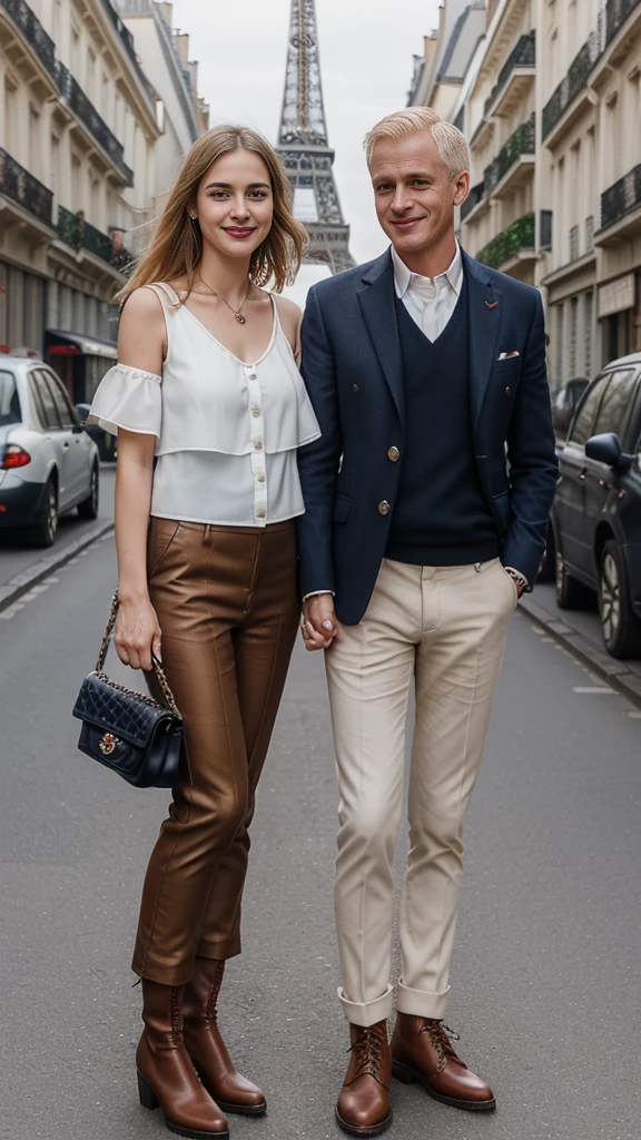 Front view, Full-body, couple is standing pose , on street , in Paris, looking Eiffel Tower, 2020 years ,(1 male and 1 female is exist), (1 male Englishman, 1 boy is 50 age old), ( blond hair, long hair, handsome face, smile ), English gentleman (Navy blue suit style, suit , vest, pants, (brown shoes)), 1man and 1 woman is couple, each other love, (A Parisian girl , 18 age, beautiful girl, Parisian girl, 18 years-old, height 175 cm), (light brown hair , blew eye, Buzz cut hair, smile ), (middle breasts, slender whist, middle hip), (White beautiful blouse :1.3), (Red mini skirt: 1.3), (Red enamel Chanel Boots), (a Chanel shoulder bag), (super detail, high details, high quality, accurate, anatomically correct, textured skin, beautiful fingers super detail, high details, high quality, best quality),