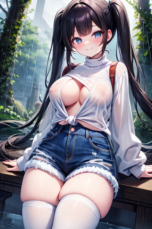 Maximum quality, masterpiece, high qualiy(Uma garota very beautiful, very beautiful) with dark hair, tied in light pigtails, big boobies, looking at me with a silly but delicate and kind smile, wearing a bulky sweater with long sleeves, and a , wearing tight denim shorts wearing big socks, outdoors amidst the trees and rain.