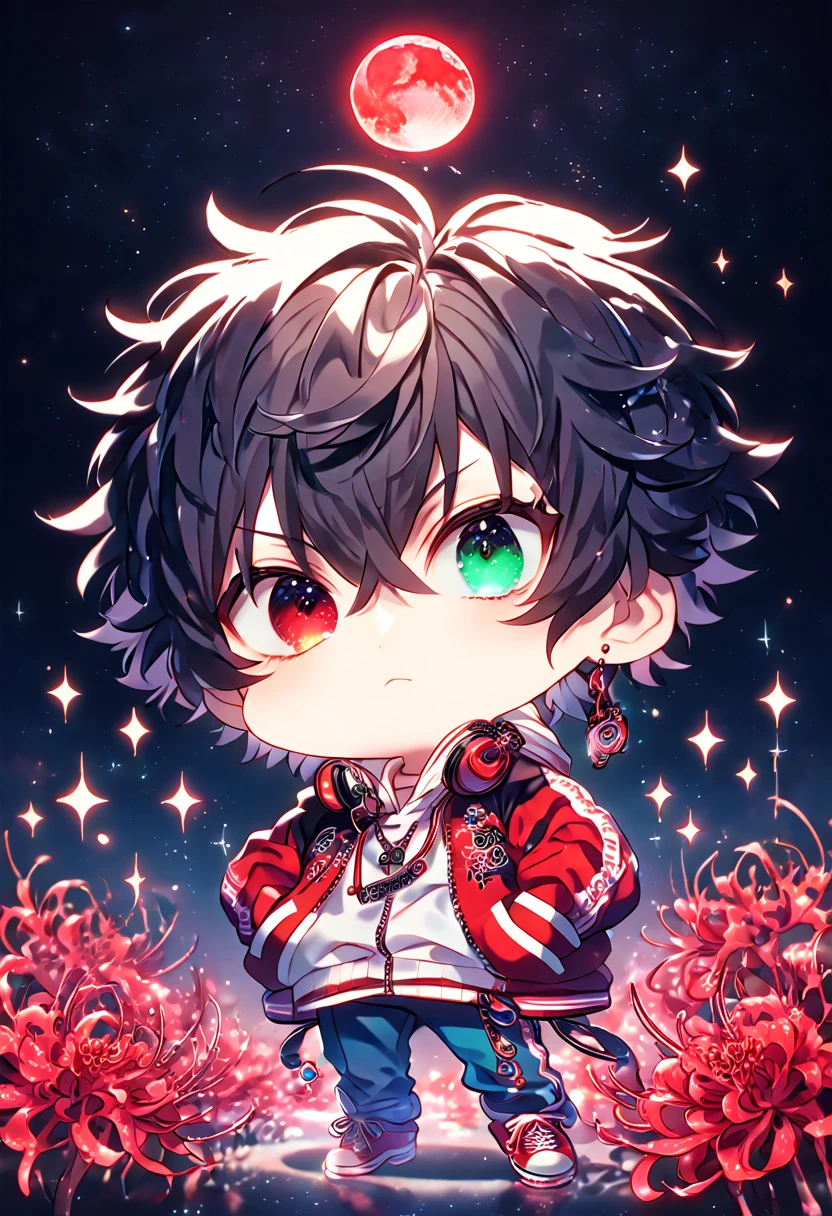 absurdres, highres, ultra detailed, HDR, master piece, best quality, extremely detailed, Yamada Ichiro chibi, chin length black hair, heterochromia, left eye is red, right eye is green, Hypnosis Mic, white hoodie with two zippers, red varsity jacket, red headphones around his neck, blue pants, red shoes, solo, cute, fantasy, red blood water, sparkling, red glittering fireflies, red moon, red blossoms, red spider lilies, red sparkling lights, starry sky, magical