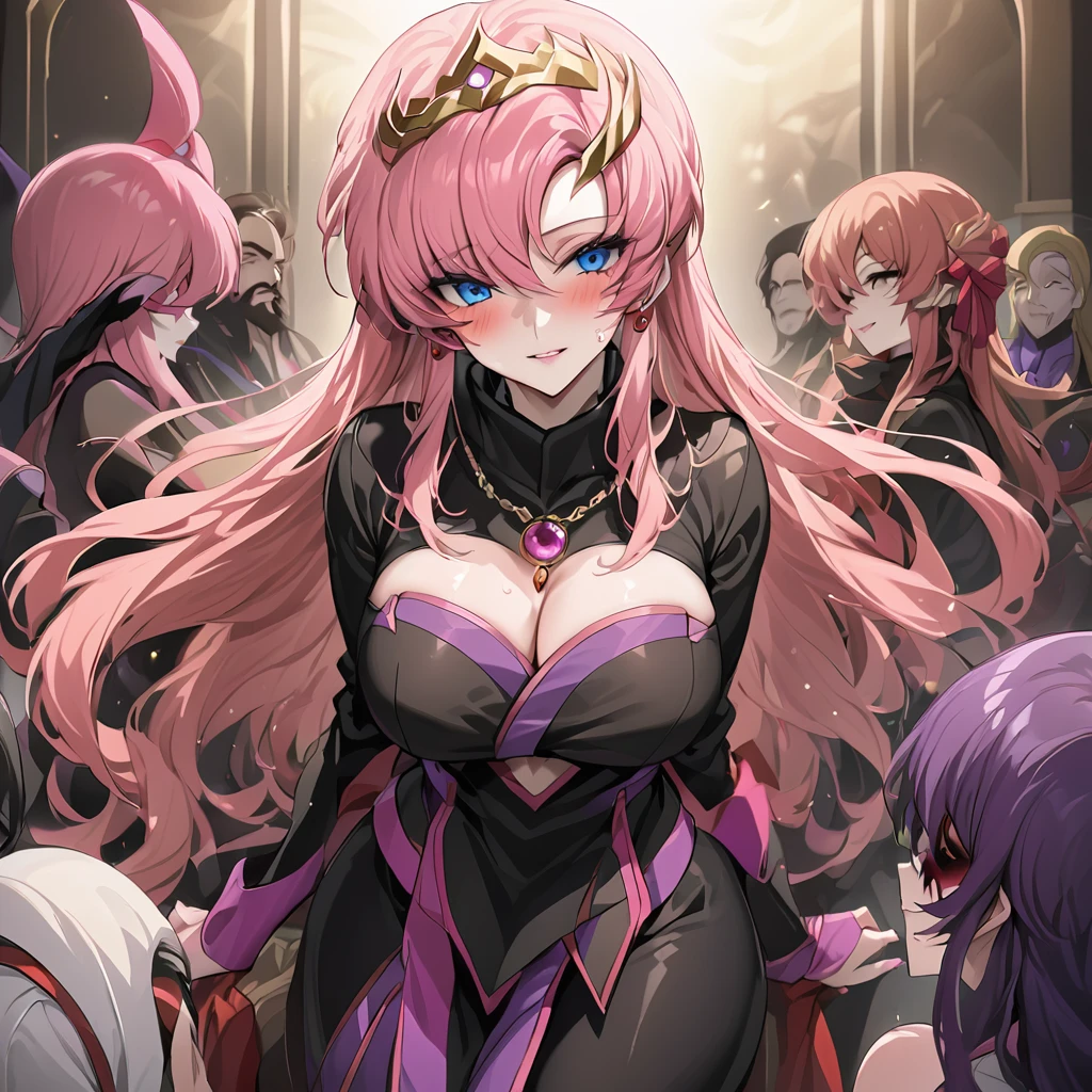 ((Highest quality)), ((masterpiece)), (detailed), （Perfect Face）、The beautiful and seductive woman is Lacus Clyne, the wife of the leader of the evil god cult, the saint of darkness, and has blue eyes, pink hair, medium-long hair, and a gorgeous and delicately detailed masochism.々An evil shrine maiden wearing a beautiful black evil shrine maiden outfit, an evil shrine maiden necklace, evil accessories, a gorgeous evil shrine maiden head chain tiara, and an engagement ring.、The woman is the wife of a middle-aged, bearded cult leader who is revered by a mysterious cult of evil gods.、A loving couple is worshipped by a mysterious cult leader dressed in the luxurious clothing of a cult leader of an evil god, and is loved and caressed all over the body by the cult leader at the altar of the cult of an evil god.