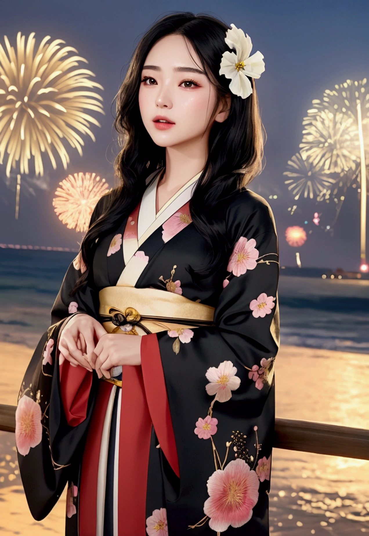8k resolution、high resolution、high quality、Real、Sea of night、Big fireworks、The breeze is blowing、woman、20-year-old、A once in a century beauty、Body facing forward、Looking straight ahead with a downcast face、Her whole body（Head to toe）A depiction of、Medium-long black hair（It has a gentle wave.）、Shiny black hair with an airy feel、Clear and bright skin、Dignified eyebrows、Cat Eyes、The black eyes are large and shining、The nose is small and high、Plump and moisturized lips、Small face、Sharp jawline、light makeup、The kimono is detailed with small floral embroidery.、Shiny kimono、