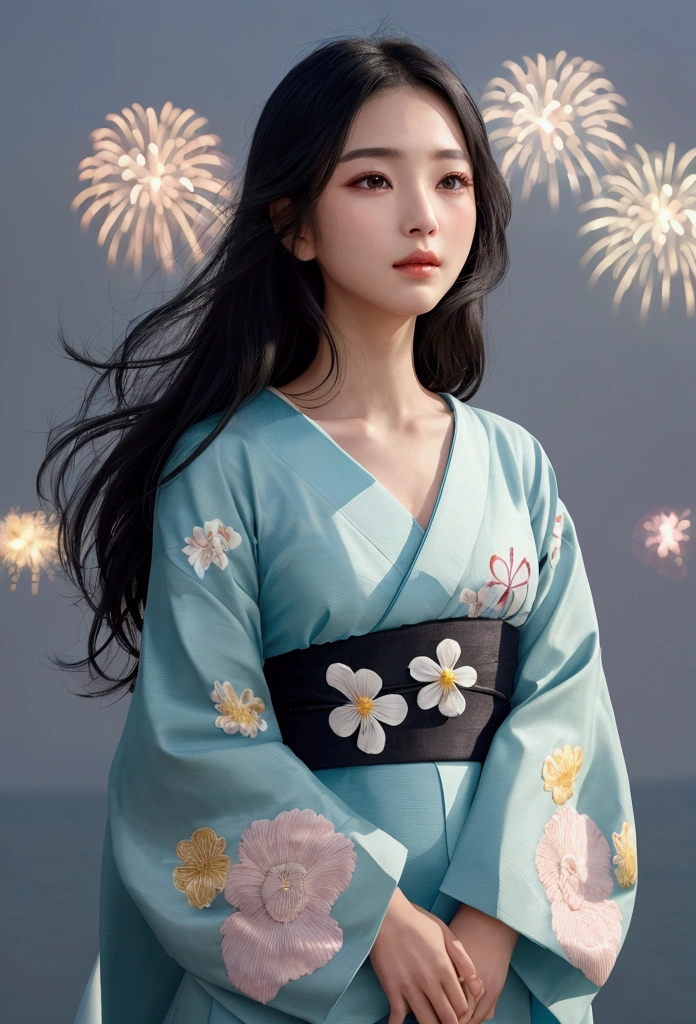 8k resolution、high resolution、high quality、Real、Sea of night、Big fireworks、The breeze is blowing、woman、20-year-old、A once in a century beauty、Body facing forward、Looking straight ahead with a downcast face、Her whole body(Head to toe)A depiction of、Medium-long black hair(It has a gentle wave.)、Shiny black hair with an airy feel、Clear and bright skin、Dignified eyebrows、Cat Eyes、The black eyes are large and shining、The nose is small and high、Plump and moisturized lips、Small face、Sharp jawline、light makeup、The kimono is detailed with small floral embroidery.、Shiny kimono、