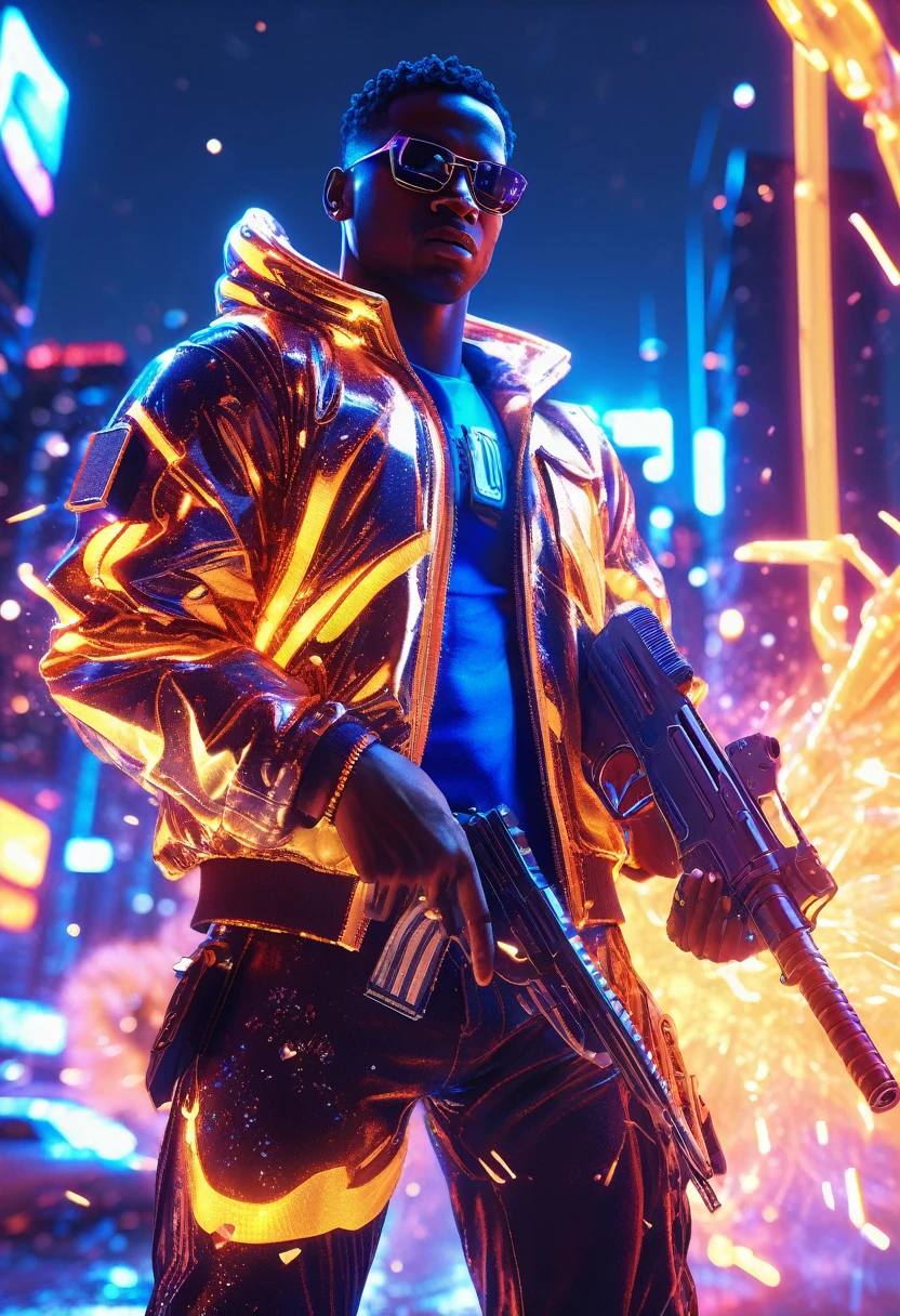 POV shot of A black man in neon lit futuristic clothes holding a gun towards the viewer, standing in a heavy blue tsunami, blue tsunami with glittering particles surrounding him, building and city particles blown by the tsunami floating in background, 32k, ultra HD, unreal engine 5 rendered, cinematic lighting.