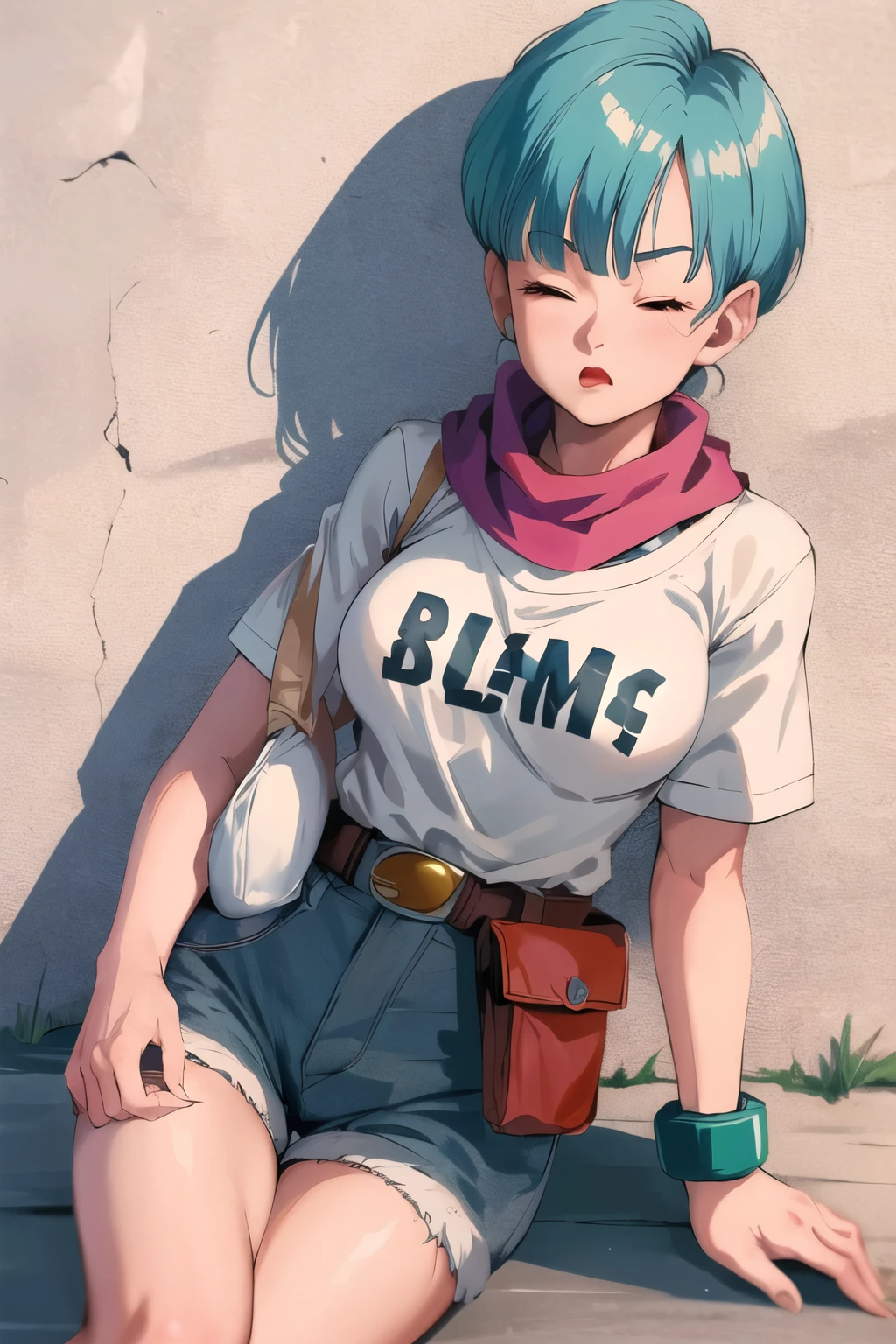 masterpiece, best quality, highres, dragon ball, blmpony, aqua hair, bowlcut, white sweater, belt, scarf, white jean shorts, clothes writing, white wristbands, medium breasts, outdoors, cowboy shot, cherry red lips, eyes closed, mouth wide open, sleeps and leans and lays on a wall with head facing downwards