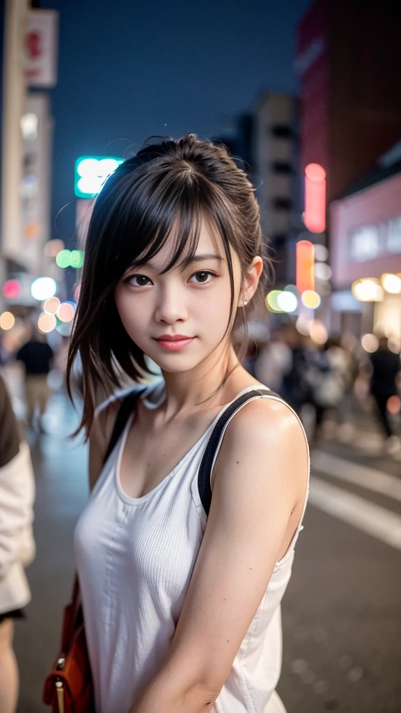 1 girl, Tokyo Street,night, Streetscape,City lights,Upper Body,close,smile,, (8k, RAW Photos, Highest quality, masterpiece:1.2),(Realistic, photo-Realistic:1.37),