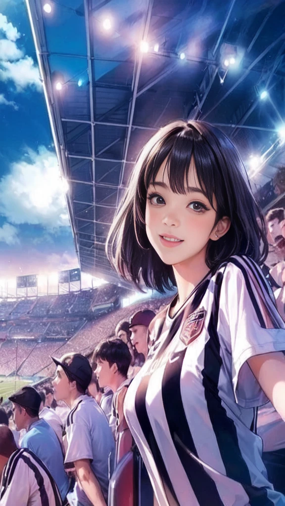 Only one female, Watch a soccer game, Turn your back, Mature Woman, /(Soccer shirt Pleated skirt/), /(Black Hair/) bangs, Blushing happy smile,  (Masterpiece Top quality:1.2) Very detailed, Big Break /(Indoor soccer stadium/), audience