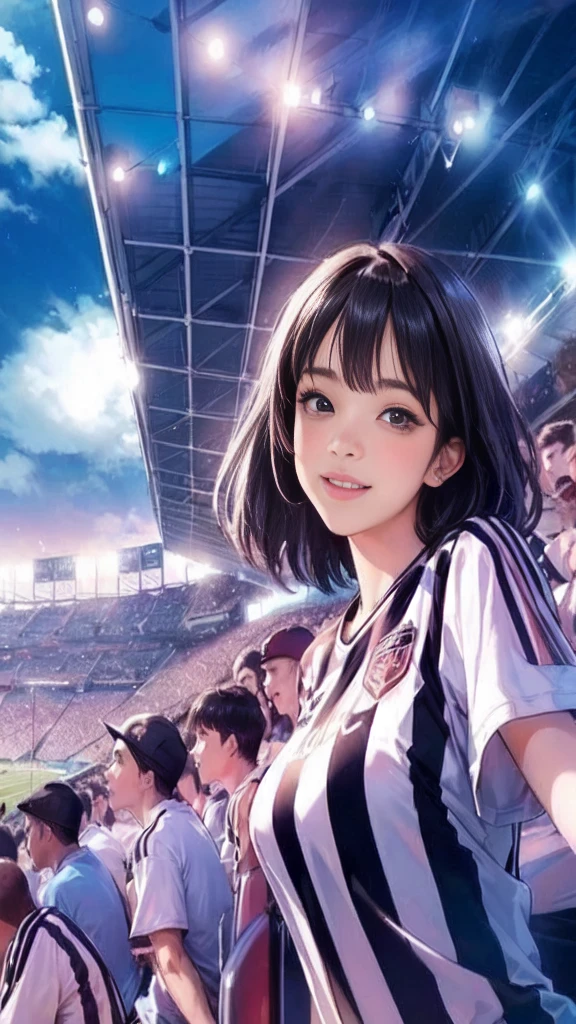 Only one female, Watch a soccer game, Turn your back, Mature Woman, /(Soccer shirt Pleated skirt/), /(Black Hair/) bangs, Blushing happy smile, (Masterpiece Top quality:1.2) Very detailed, Big Break /(Indoor soccer stadium/), audience