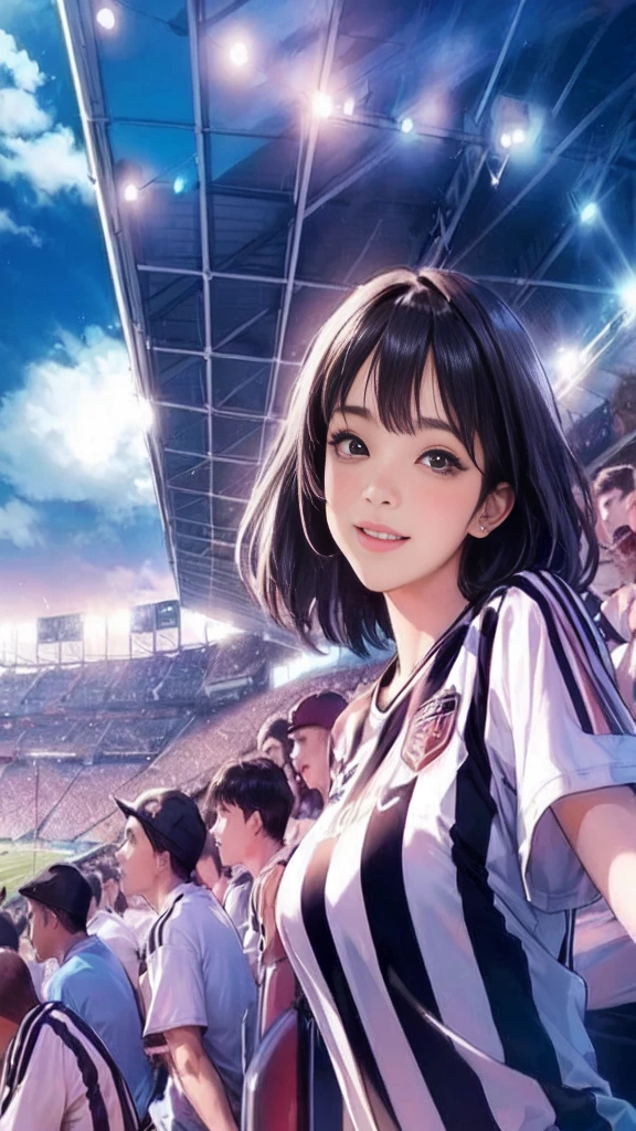 Only one female, Watch a soccer game, Turn your back, Mature Woman, /(Soccer shirt Pleated skirt/), /(Black Hair/) bangs, Blushing happy smile, (Masterpiece Top quality:1.2) Very detailed, Big Break /(Indoor soccer stadium/), audience