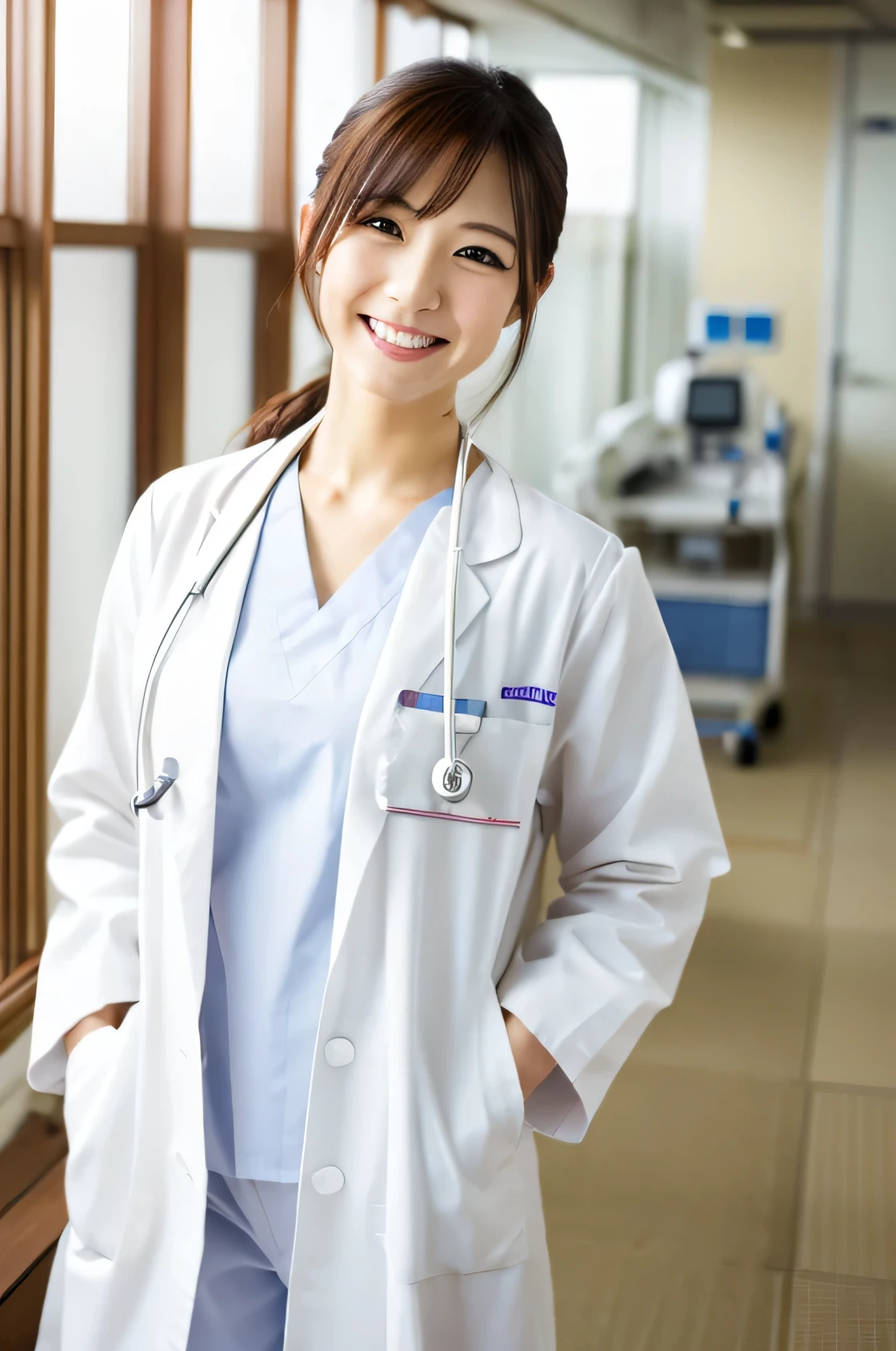 Photorealistic, high resolution, High resolution,Japan Beautiful Nurse, Smile, White Lab Coat, whole body, hospital, ward