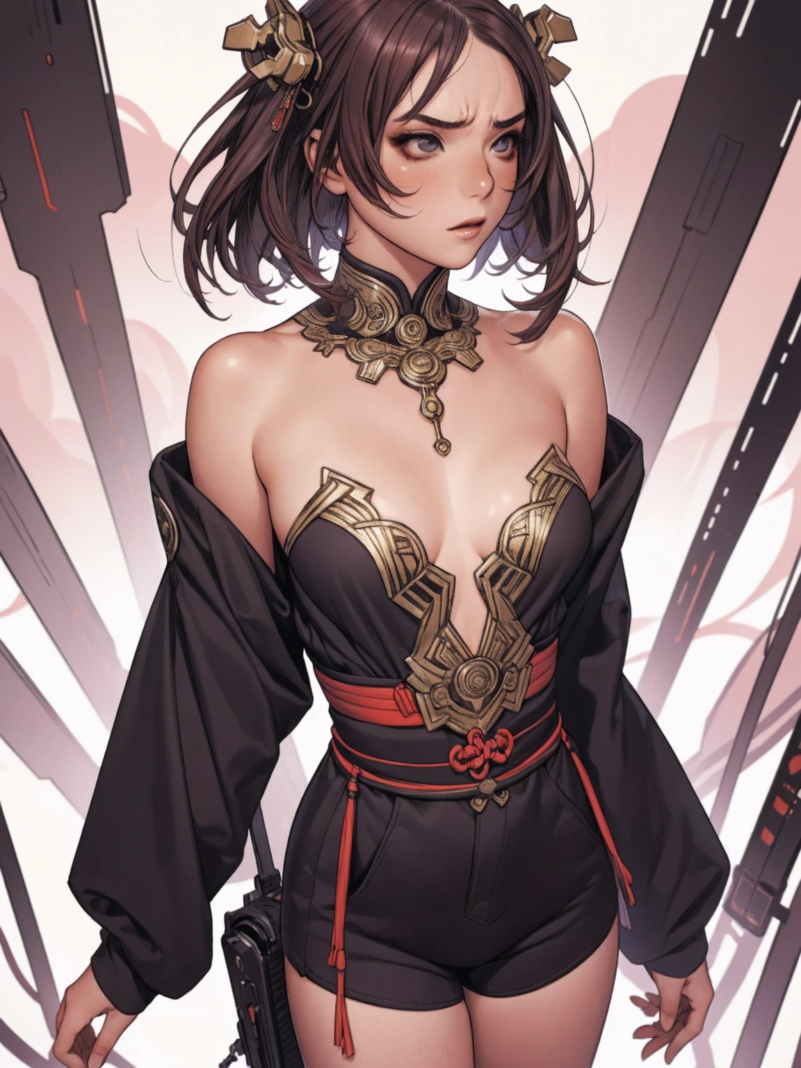 albino woman (16 yrs old de idade) , vampires, freckles (fair and white skin:1.7)、 (((urban samurai))), (long white hair with red highlights)、(black and gold futuristic jacket and shorts:1.0)、(White smoke)、(two swordedium breasts)、bared shoulders, Double eyelids, (grey-eyed)、parted lips,standing alone,(neckleace)、Delicado e sexly(clavicle:1.3), (shining skin:0.8),(tabletop:1.4),(best qualityer:1.4),bright red lips, perfect abs, humida(full of sweat)、low angles, (from the angle below), highly detailed skin, skin pore,(Fund estilo Katsushika Hokusai), pose de atitude, hair with a modern and futuristic cut, urban game poster art, dramatic camera angles, graffiti art elements in the background, design mixing contemporary and retro by Shepard Fairey, (((cowboy shot))), (((best qualityer: 1.4))), (Unbeatable masterpiece), (hiper HD),(CG 8k hyper-realistic), Kizi, (((standing alone))), pirralha violent, (((16 yrs old))), sexly, pose de atitude, work of art, (((manga style))), bounty hunter, violent, Manic, slenderbody, thin but strong, perfectbody, roupa moderna, advanced technology, (( cowboy shot )). intricate visual