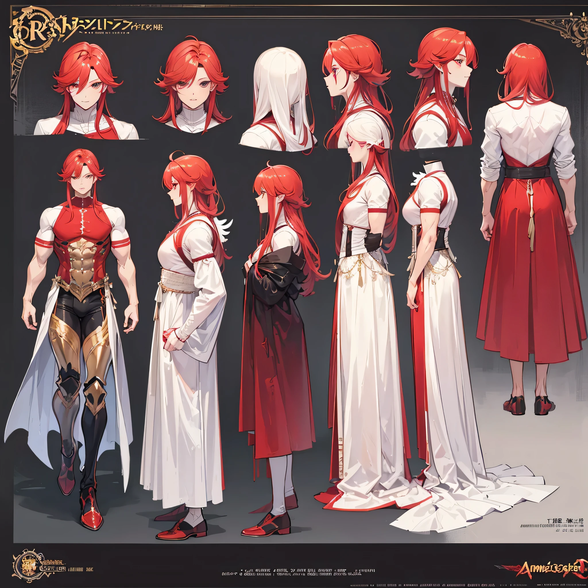 (Masterpiece, best quality), detailed, 1 man, ((character concept art)), ((character design sheet, same character, front, side, back)), full body, body complete, 1 Male angel, 1 Man angel, Detailed face, character design sheet,full bodyesbian, Highly detailed, character sheet, character design, Many parts, dark skin, angel wings, long red hair, angel outfit, muscle male god, male clothes, masculine, muscle man, male muscle, manly, male angel, Muscle male with long red, hair,beautiful man, beautiful muscle man