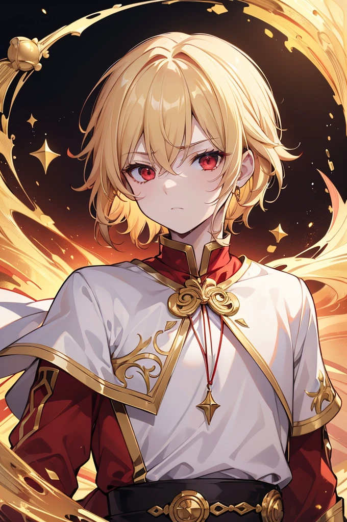 (Highest quality)　(4K)　(8k)　(High resolution)　(masterpiece:1.2)　(Super detailed)　One boy　short hair　Wizard　Red eyes　Long sleeve　Golden decoration　Hair between the eyes　White costume　Wavy golden hair　Upper Body　　Young　Serious　A  of about fifteen years old　Get angry　Upper Body　Blonde　Look at the bottom right