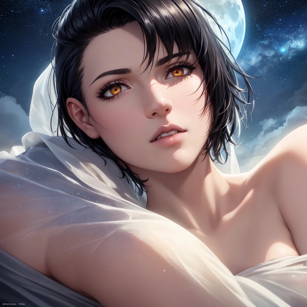 1 woman with a black very short mohawk hairstyle, pale skin, delicate feminine lips, small amber eyes, laying on a cloud, starry sky, full moon, vibrant colors, cinematic lighting, (best quality,4k,8k,highres,masterpiece:1.2),ultra-detailed,(realistic,photorealistic,photo-realistic:1.37),portraits,fantasy,magic