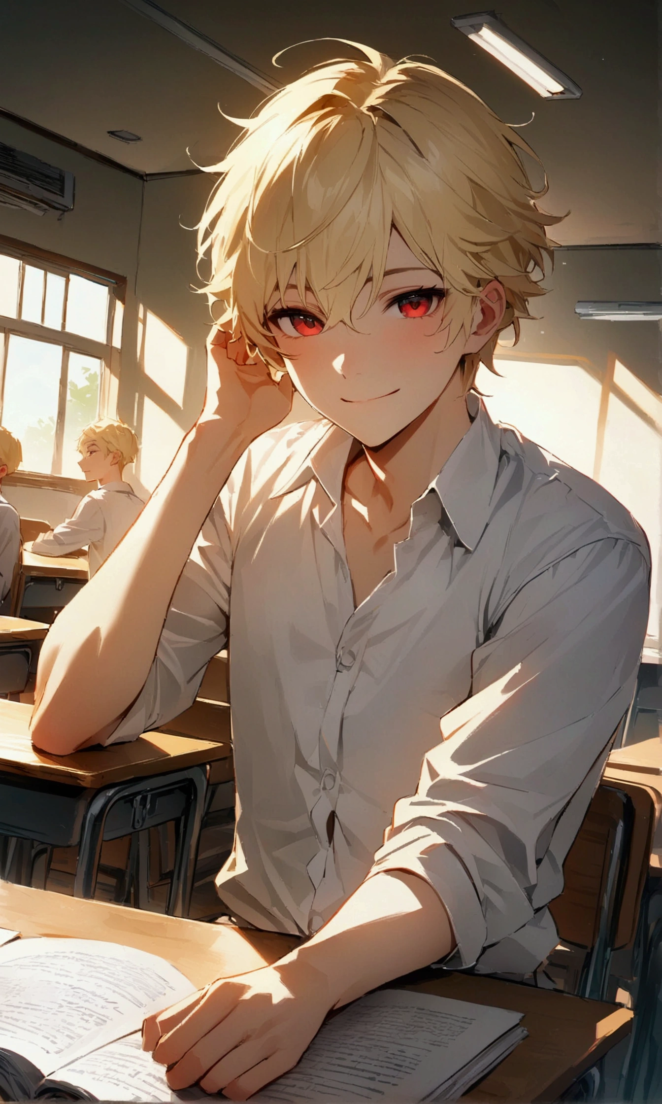(top quality picture, ultra HD, 8k image) 1 young boy, with short blonde hair, The red eyes, with a Machiavellian smile, wearing the , in the classroom