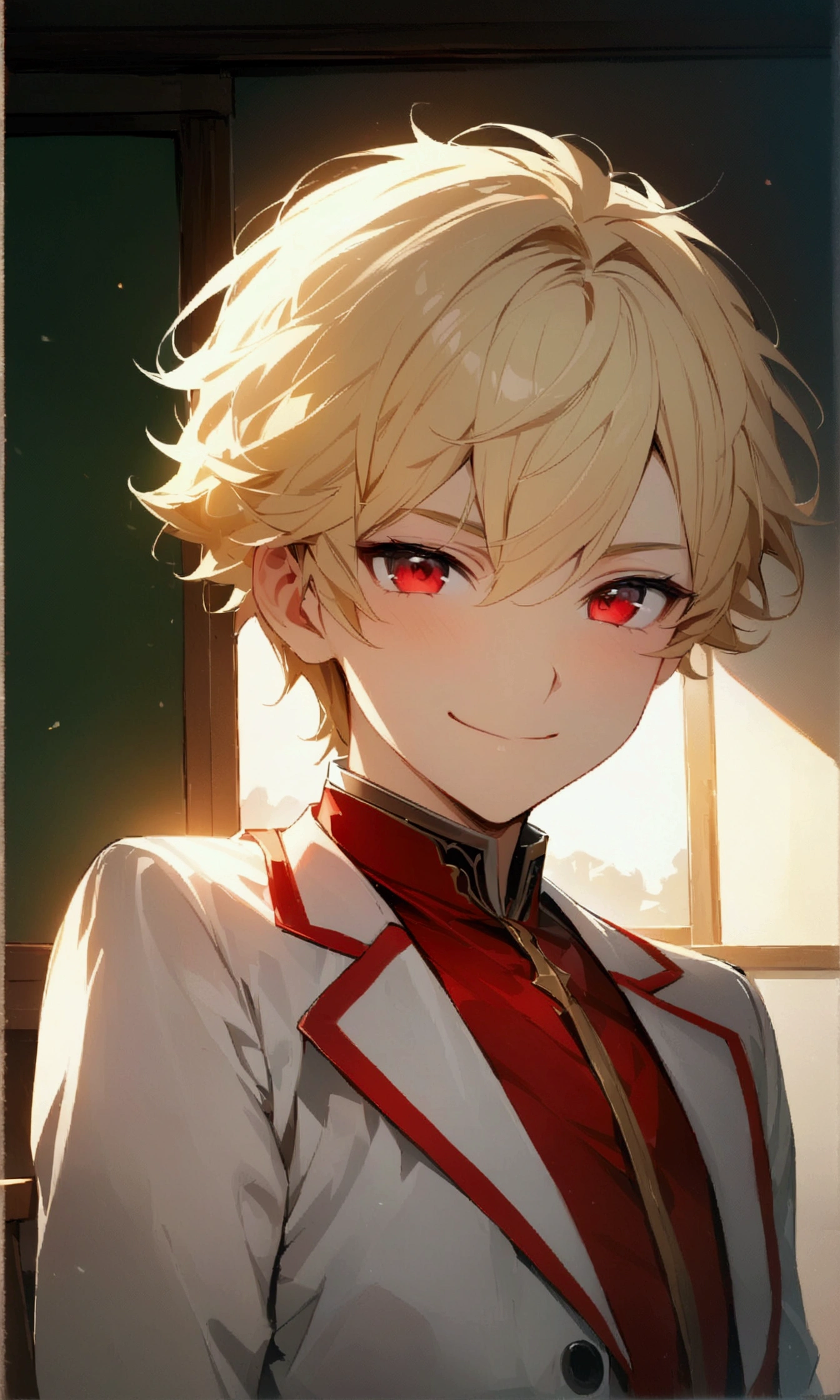 (top quality picture, ultra HD, 8k image) ung boy, with short blonde hair, The red eyes, with a Machiavellian smile, wearing the , in the classroom