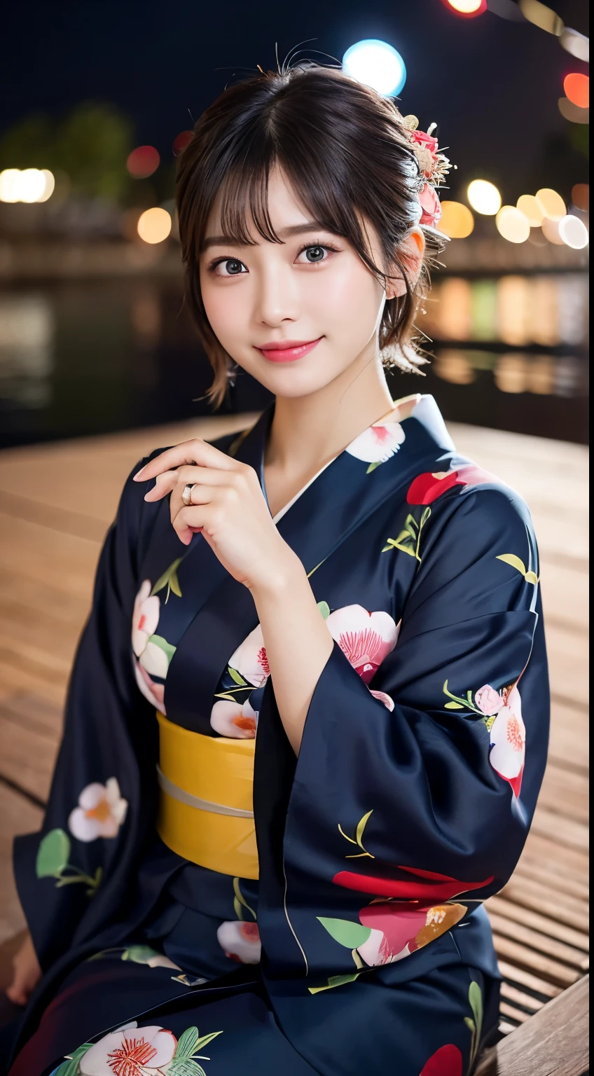(8k、RAW Photosgraphy、Highest quality、masterpiece:1.2)、(Realistic、Realistic:1.37)、Ultra-high resolution、One Girl、cute、alone、night、Sitting、date、(Nose redness)、(Laughter:1.1)、(Closed)、Huge 、Beautiful Eyes、(short hair:1.2)、(((Fireworks bursting into the sky、night)))、(((kimono、yukata)))、Cleavage、Perfect body、Perfect Fingers、Professional Lighting、Japanese Goddess、gravure、Detailed face and skin texture、Detailed eyes、RAW Photos