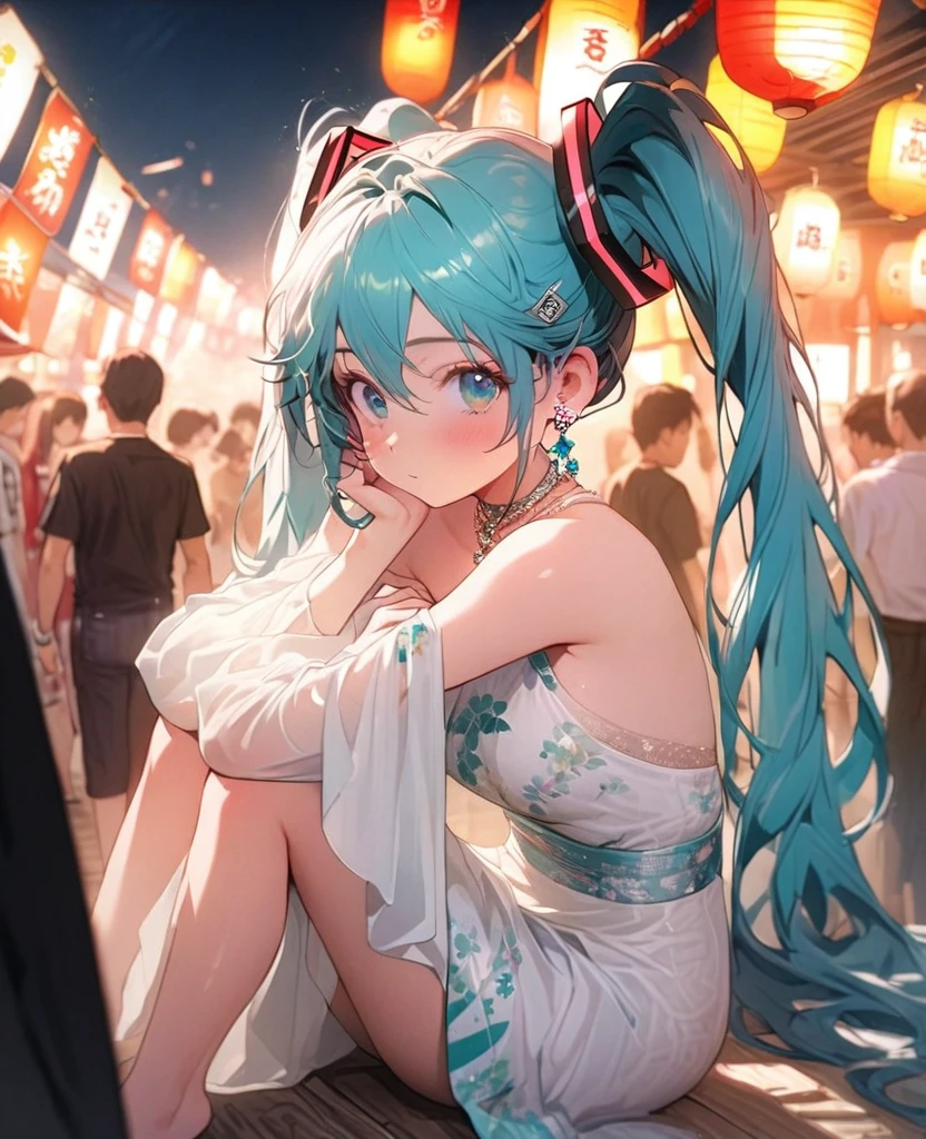 8K,gal,an extremely delicate and beautiful,Beautiful and realistic skin,Shiny jewel-like earrings, Hatsune Miku,beautiful eyes,whole body,head to toe,beautiful regs,beautiful Happi,summer festival