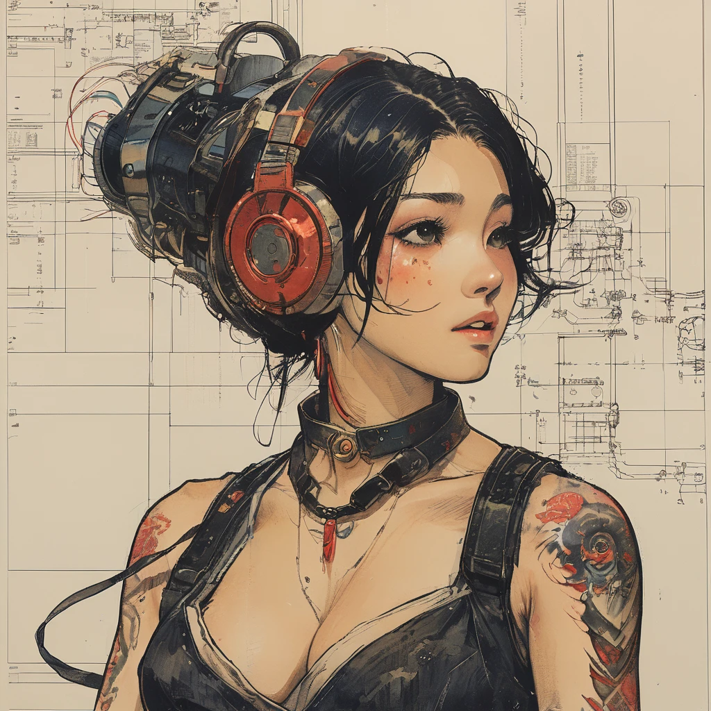 (best quality, sketch:1.2),realistic,illustrator,anime, Woman with tattoos on her arms and chest, Cyberpunk art inspired by Masamune Shirow, Art Station, Gothic art, Then Martin, Then Martin artwork portrait, Frank Cho, ArtJam and ilya kuvshinov, Chris Moore. ArtJam, ArtJam greg rutkowski _ greg, shohei otomo black and red gradient background,neon hair,textured cropping, masterpiece, style retro classic, noir style , Japanese style, ((monochrome)) cleavage, crop top
