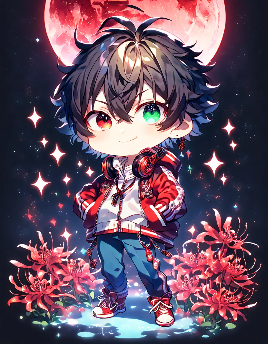 absurdres, highres, ultra detailed, HDR, master piece, best quality, extremely detailed, Yamada Ichiro chibi, chin length black hair, heterochromia, left eye is red, right eye is green, Hypnosis Mic, white hoodie with two zippers, red varsity jacket, red headphones around his neck, blue pants, red shoes, solo, cute, smiling, fantasy, red blood water, sparkling, red glittering fireflies, red moon, red blossoms, red spider lilies, red sparkling lights, starry sky, magical