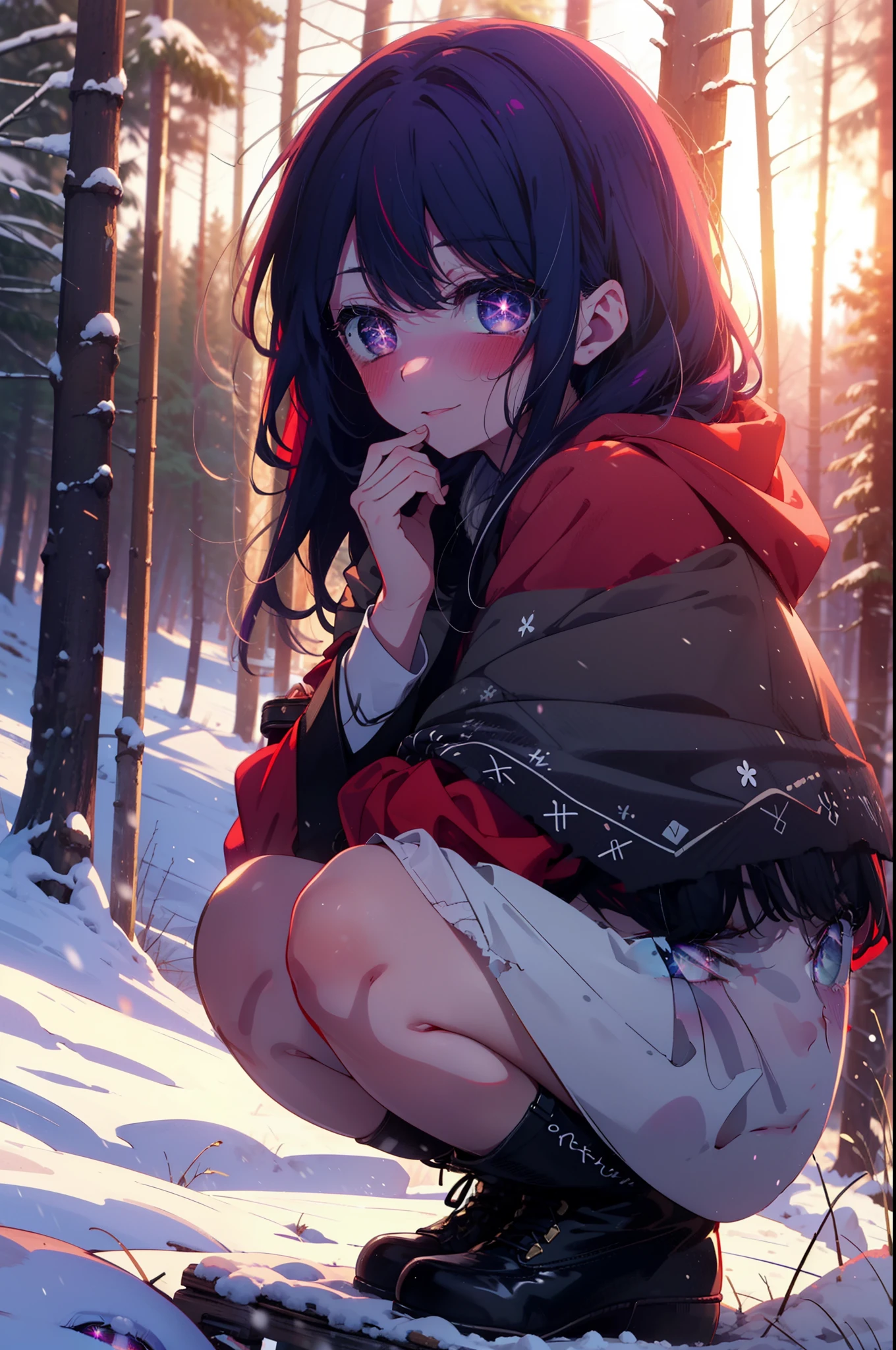 aihoshino, Ai Hoshino, Long Hair, bangs, (Purple eyes:1.1), Purple Hair, (Symbol-shaped pupil:1.5), smile,,smile,blush,white breath,
Open your mouth,snow,Ground bonfire, Outdoor, boots, snowing, From the side, wood, suitcase, Cape, Blurred, , forest, White handbag, nature,  Squat, Mouth closed, Cape, winter, Written boundary depth, Black shoes, red Cape break looking at viewer, Upper Body, whole body, break Outdoor, forest, nature, break (masterpiece:1.2), Highest quality, High resolution, unity 8k wallpaper, (shape:0.8), (Beautiful and beautiful eyes:1.6), Highly detailed face, Perfect lighting, Highly detailed CG, (Perfect hands, Perfect Anatomy),