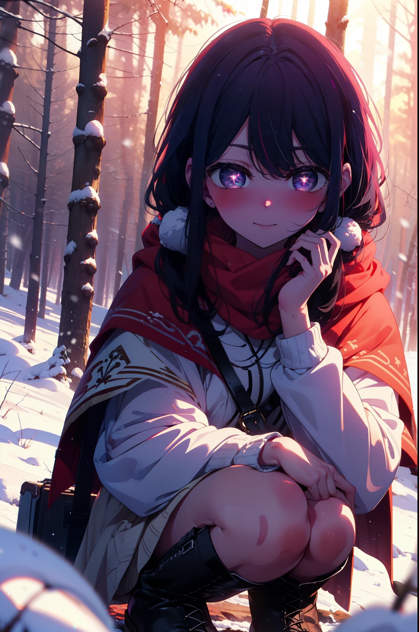 aihoshino, Ai Hoshino, Long Hair, bangs, (Purple eyes:1.1), Purple Hair, (Symbol-shaped pupil:1.5), smile,,smile,blush,white breath,
Open your mouth,snow,Ground bonfire, Outdoor, boots, snowing, From the side, wood, suitcase, Cape, Blurred, , forest, White handbag, nature,  Squat, Mouth closed, Cape, winter, Written boundary depth, Black shoes, red Cape break looking at viewer, Upper Body, whole body, break Outdoor, forest, nature, break (masterpiece:1.2), Highest quality, High resolution, unity 8k wallpaper, (shape:0.8), (Beautiful and beautiful eyes:1.6), Highly detailed face, Perfect lighting, Highly detailed CG, (Perfect hands, Perfect Anatomy),