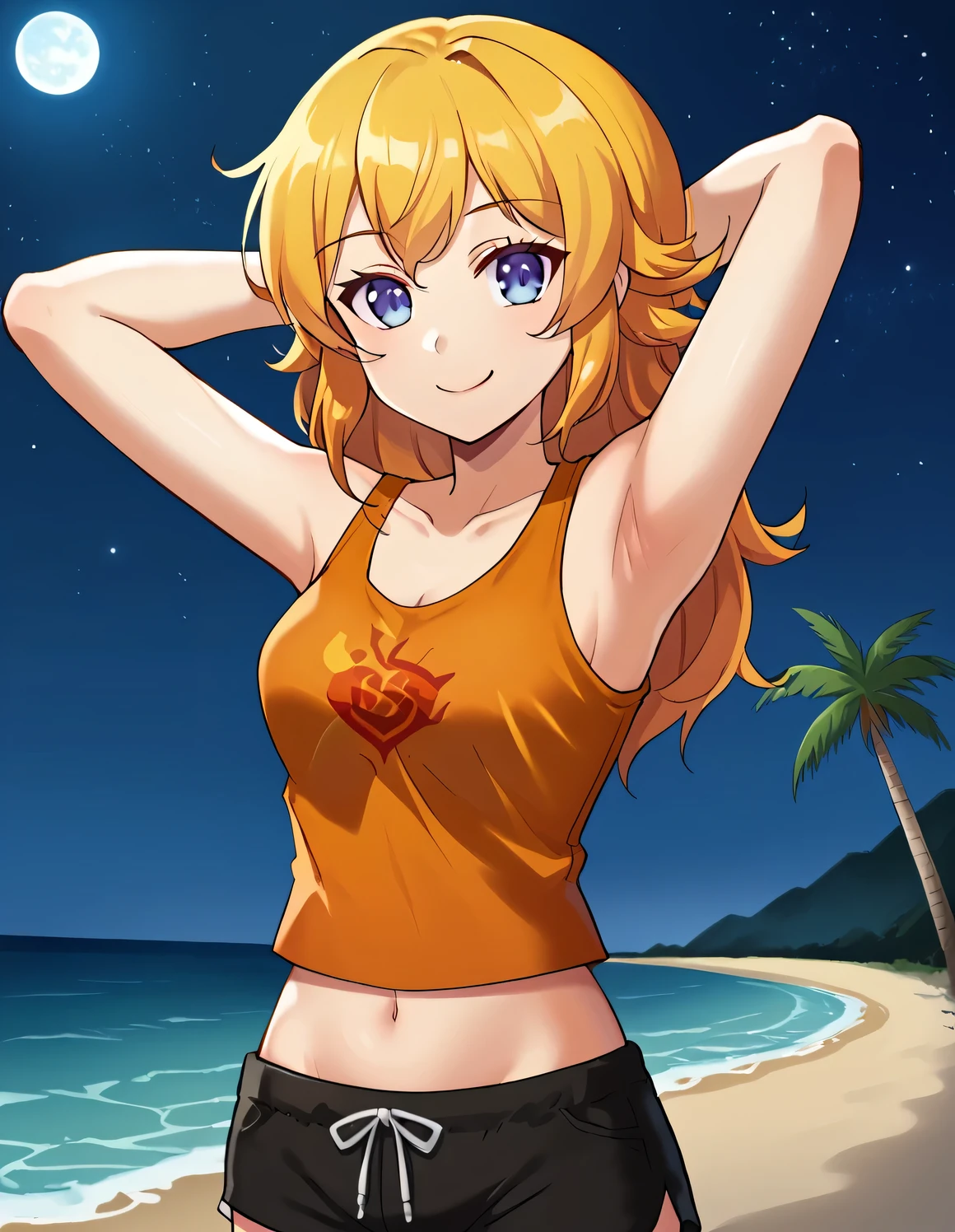 YangPajamas, black shorts, orange tank top, midriff, barefoot, high quality, solo, 1girl, night sky, beach, arms behind head, (contrapposto), closed mouth, spread armpits, (cowboy shot:1.5), looking at viewer, smile, best quality,