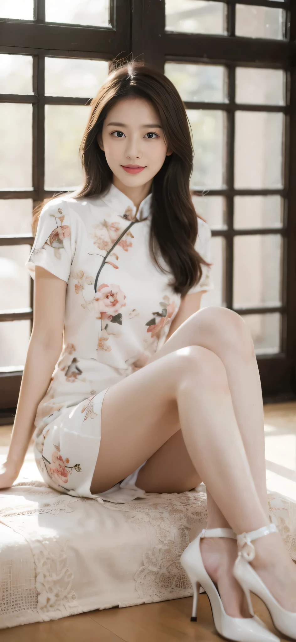 A woman sitting on a bed wearing a white dress and high heels - SeaArt AI