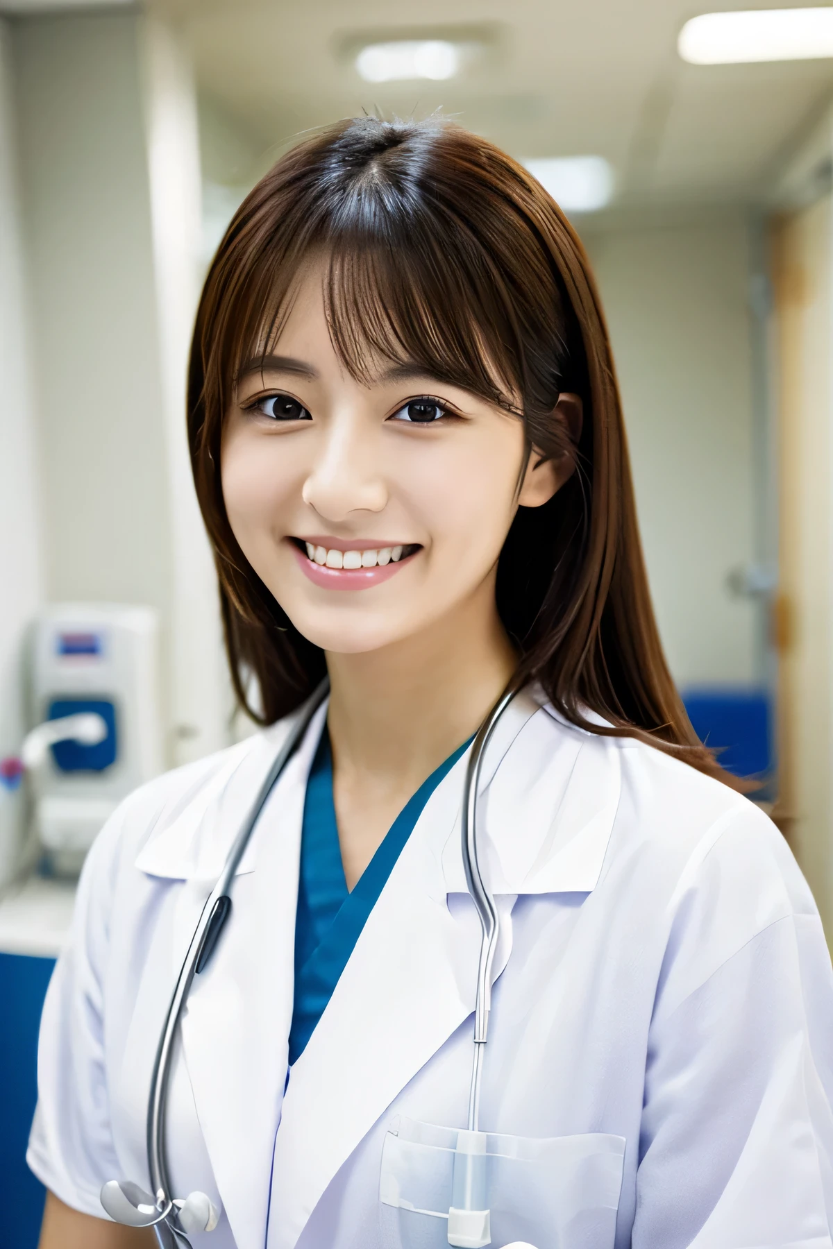 Photorealistic, high resolution, High resolution,Japan Beautiful Nurse, Smile, White Lab Coat, hospital, ward