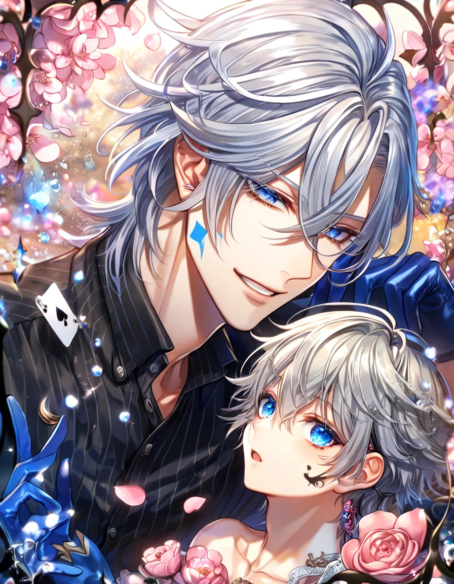 absurdres, highres, ultra detailed, HDR, master piece, Ikki, white hair, right side of his hair is notably shoulder-length, unlike its left, expressive blue eyes, on his left ear is a hair clip shaped like a black spade, Amnesia, sexy man, handsome, best quality, blossoms, pink petals, pink flowers, fantasy, magical, blue shining fireflies, solo, water, blue-and-black shirt that is vertically striped, a small tattoo of a black spade on his cheek left cheek, blue gloves, handsome smile