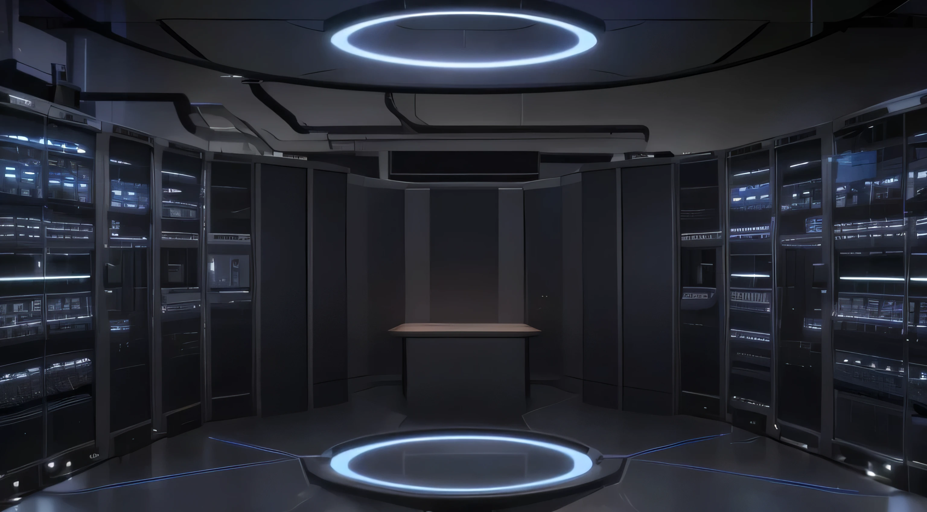 dark server room. wires, cyber, servers rack, female hologram in centre