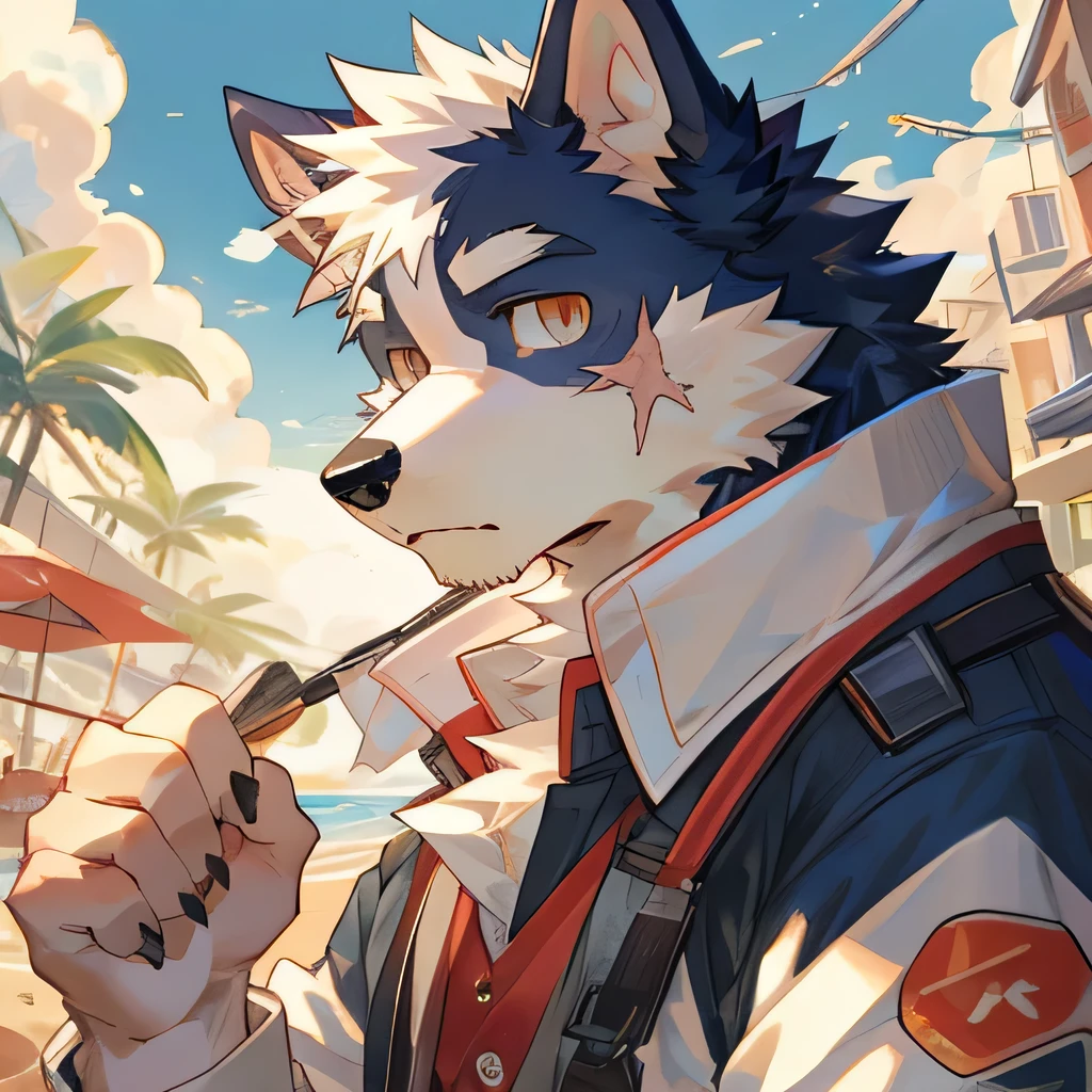masterpiece，high quality，perfect anatomy，furry，anthro dog，border collie，male， niji5，brown pupils，bright eyes，scar on face，seaside clothing，detailed face，by kiyosan，close up face