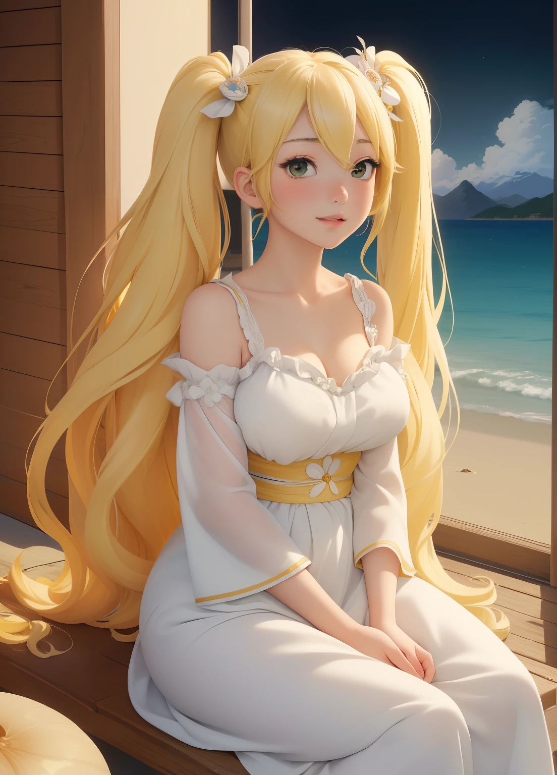 (masterpiece、Highest quality、Highest quality、Official Art、Beautiful and beautiful:1.2)、(One girl:1.3)Hatsune Miku、Twin tails,Beautiful breasts, Katsushika Hokusai, masterpiece, Highest quality, One Girl, Long white hair,Yellow Hair,White Dress,Cute rabbit couple,Sandy Beach,Sit down to read,night,There's one super-sized full moon in the sky,Coco,Pixar Style,Disney Style,