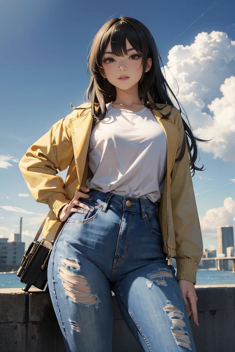 masterpiece, super high quality, beautiful, very detailed,16K, exquisite, High resolution, There is a beautiful urban cityscape in the background., Beautiful eyes, Beautiful skin, anime style,Kaori stands with a gun in both hands.., she is wearing a light green inner shirt、I am wearing a white denim jacket over my inner shirt.., Wearing blue distressed jeans pants, 1 girl, alone, 23 years old, sexy pubic pose gesture, cheeky pose, woman&#39;whole body, complete diagram, anger, blush, ecstatic expression, erotic, Charming, charm, (Slender body of a muscular woman, Beautiful big breasts, Beautifully carved abs, Beautiful long legs), perfect anatomy, that&#39;It&#39;s hard to breathe, vapour, looking at the viewer, perfect quality, good quality, masterpiece, HDR, uhd,(((big breasts))),Anime girl in military uniform riding motorcycle with hat, Guviz, author：Yoshihiko Wada, Inspired by Masamune Shirow, Dieselpunk Soldier Girl, Guviz-style artwork, by Kamagurka, guweiz masterpiece, style of masamune shirow, author：Uesaka Seka Gerhard Richter, takato yamamoto, ashley wood, atmospheric ((best quality,4K,highres,masterpiece:1.2)),((character concept art)), 1GIRL 25 YEARS, PRINCESS INKA, fierce inca warrior maiden wields a glowing pink sword as she battles an ancient dark panther amidst a magical misty bamboo forest, ribbons and leaves swirling around her. Dynamic action pose, flowing red and brown fabrics, PERUVIAN, BLACK LONG HAIR, neon lighting, intricate armor details. peruvian tahuantinsuyo, peru, culture inka fantasy scenery. 8K HD --ar 2:3 --s 400 --niji 5，Girl Facing phanter,Back to camera,Lens hyperopia