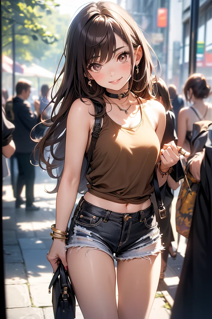 (masterpiece, best quality, ultra-detailed, highres, 4k),(beautiful detailed eyes),(very detailed face),(1girl),HDR,long hair, shorts, phone, brown eyes, brown hair, cellphone, bracelet, tank top, jewelry, watch, lips, solo focus, nail polish, blurry background, smile, wristwatch, realistic, blurry, looking at viewer