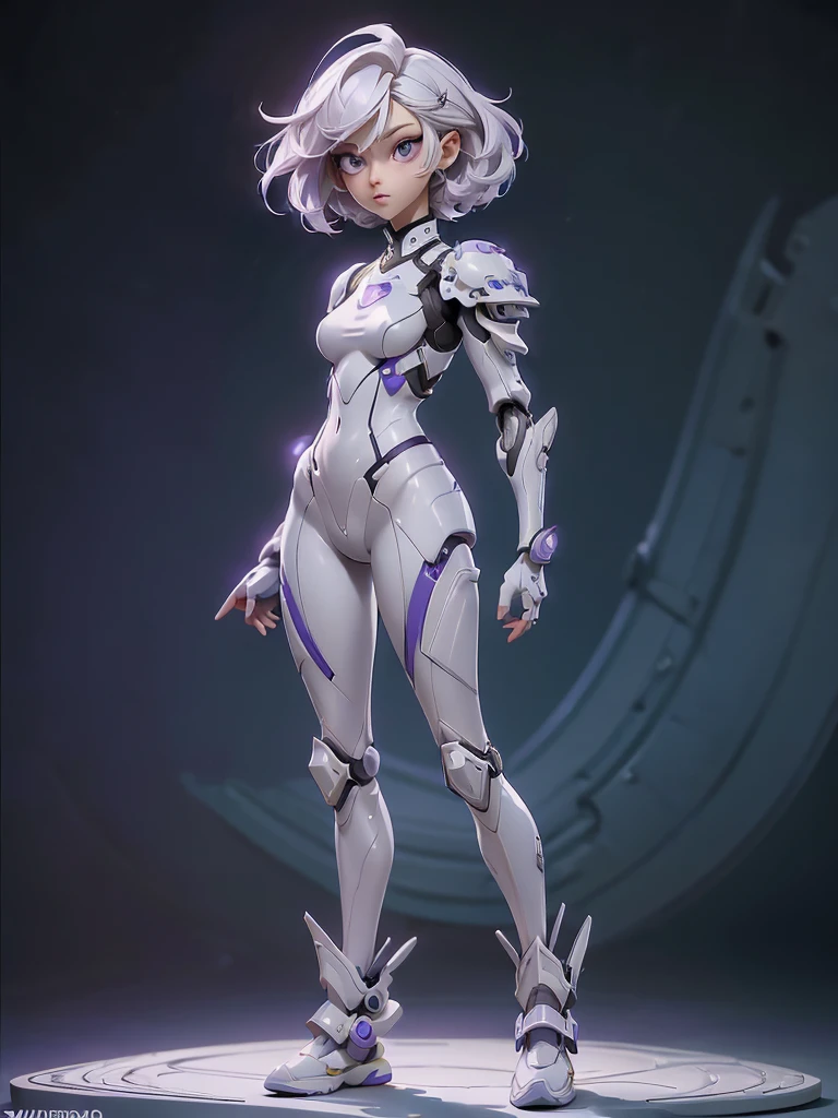 (((Best Quality))), (((Masterpiece))), (((Realistic))) slender, cute girl with short white hair and vibrant purple eyes. She wears a tight strong high-tech armor suit.(Extremely detailed:1.5),(stylish hair:1.2)(full body shot:1.5)
