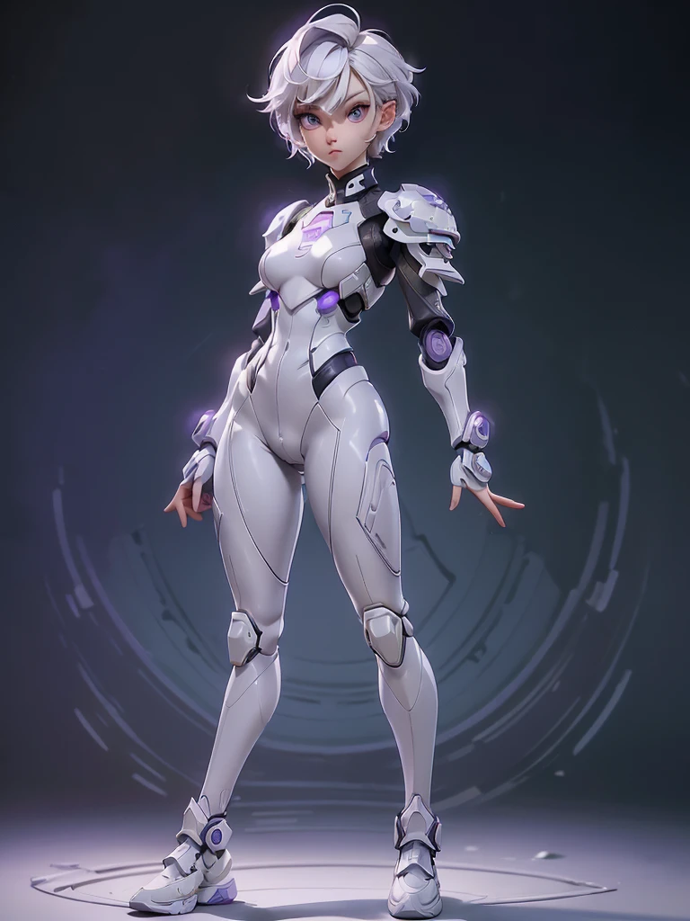 (((Best Quality))), (((Masterpiece))), (((Realistic))) slender, cute girl with short white hair and vibrant purple eyes. She wears a tight strong high-tech armor suit.(Extremely detailed:1.5),(stylish hair:1.2)(full body shot:1.5)