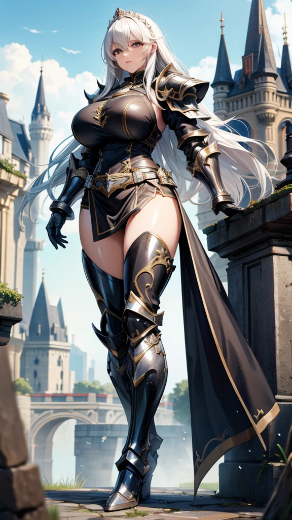 Adult woman with white hair and huge breasts,Queen,black knight armor,Bare Legs,iron boots,castle