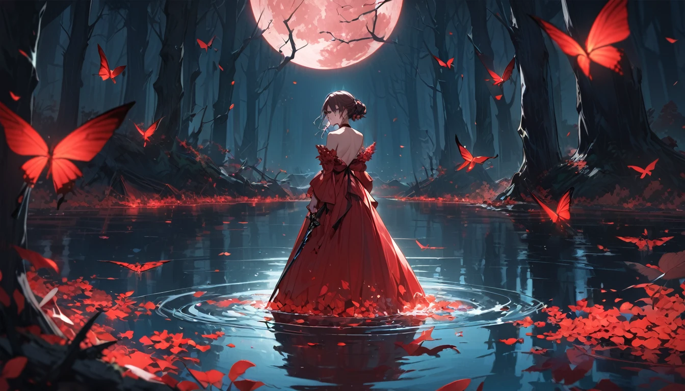 Attention to detail,Super Detail,Ultra-high resolution,A girl holding a sword is standing in the middle of a lake,A red full moon behind the girl,The moonlight on her back,The background is a red moon with a full moon in the middle,There are forests on both sides,Red butterflies fly,Fine face,Add a fantastical atmosphere