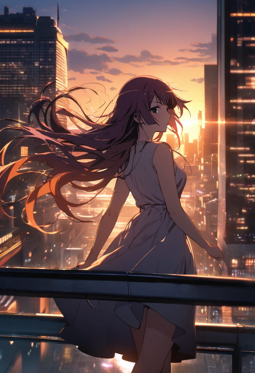"1girl, senjougahara hitagi, monogatari (series), backlight, long flowing hair, masterpiece, best quality, absurdres, Makoto Shinkai style, golden hour in Tokyo, sun setting behind skyscrapers, warm orange glow on skin, , standing on rooftop, city lights beginning to twinkle, soft wind blowing hair, distant trains, hyper-detailed cityscape, emotional atmosphere"
