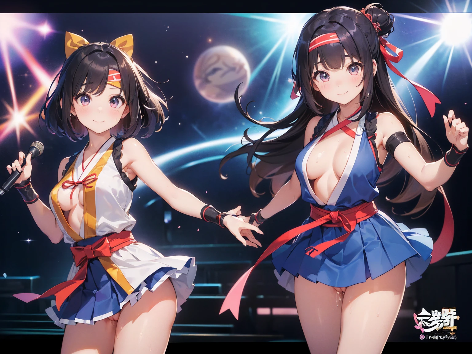 ((masterpiece、Highest quality、Official Art))、Anime Face、Idol Concert、Japanese-style concert stage、(4人のcute全裸の女性アイドルグループ、Big beautiful eyes:1.3、Baby Face:1.4、4人のcute女の子、kawaii:1.4、smile、Ribbon headband、Kunoichi、Ultra mini skirt:1.2、Japanese style idol costume:1.3 )、Exposing the breasts、Hair of different colorr.々Hair style、(((Full nudity、Pussy、cute)))、(Sweat a lot、Glowing Skin)、Anime key visual, ((The characters are unique))