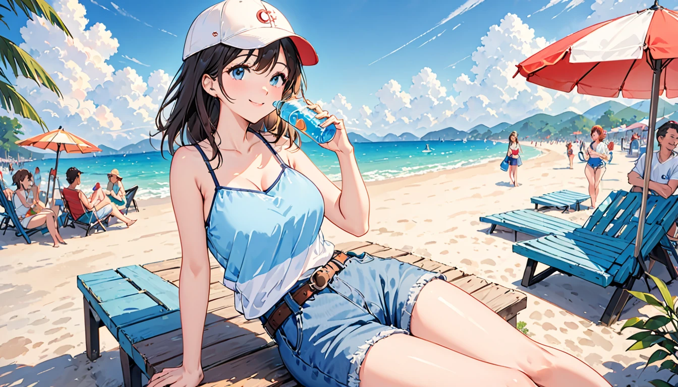 "Relaxed young woman smiling、Enjoying the sunny beach atmosphere。,Sitting on a blue bench、Drink in hand. She is wearing a blue bikini top and loose jeans with the belt removed.,Convey a laid-back atmosphere. In her head「c」A baseball cap with the word ",Enjoying the warmth of the sun and the gentle breeze. The surrounding area is crowded with other tourists and beach umbrellas.,Capturing the essence of a laid-back day at the beach.",Large Breasts,Shortcuts