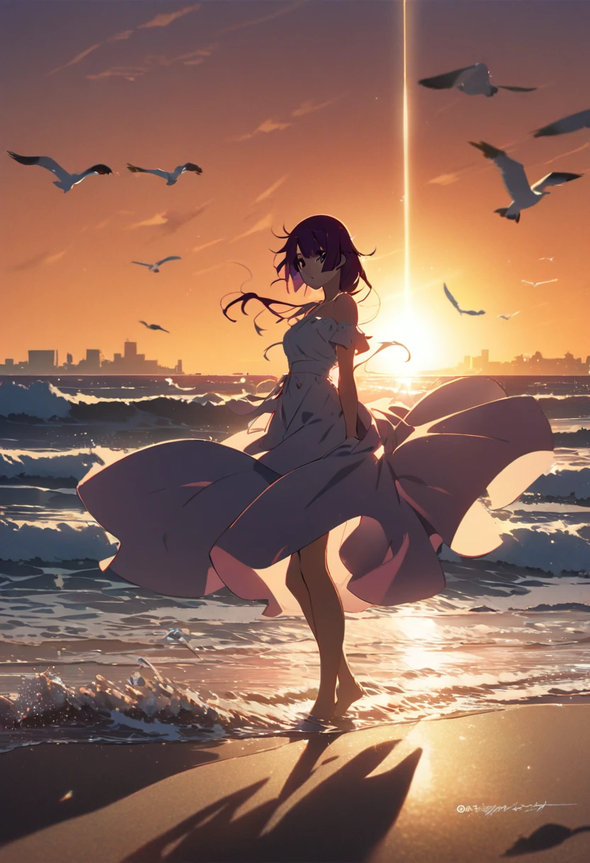"1girl, senjougahara hitagi, monogatari (series), dramatic backlighting, flowing dress, masterpiece, best quality, absurdres, Makoto Shinkai style, sunset at beach near city, silhouette against orange sky, waves reflecting light, bare feet in sand, wind-swept hair, seagulls in distance, detailed water and sky, emotional sunburst"