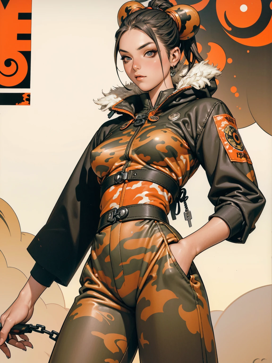 (best qualityer))), (((manga strokes))), (((blonde or black hair with red highlights))), (((wide-leg pants with desert camouflage print))), uma Kizi jovem muito bem vestida com roupas modernas de verão, paintball camouflage pattern pants, top with vertical stripes, short jacket with fur hood, beautiful and expressive face, slightly-smile, big eyes with long black eyelashes, heavy make-up, chains and zippers spread across clothes, contrasting colours, pose de atitude, hair with a modern and futuristic cut, urban game poster art, dramatic camera angles, graffiti art elements in the background, design mixing contemporary and retro by Shepard Fairey, (((cowboy shot))), (((best qualityer: 1.4))), (Unbeatable masterpiece), (hiper HD),(CG 8k hyper-realistic), Kizi, (((standing alone))), pirralha violent, ((())), sexly, pose de atitude, work of art, post-apocalypse, (((manga style))), bounty hunter, violent, Manic, the way you want, slenderbody, thin but strong, perfectbody, roupa moderna, advanced technology, neon, sleeves with vertical striped pattern, neutral background, (( cowboy shot )). intricate visual